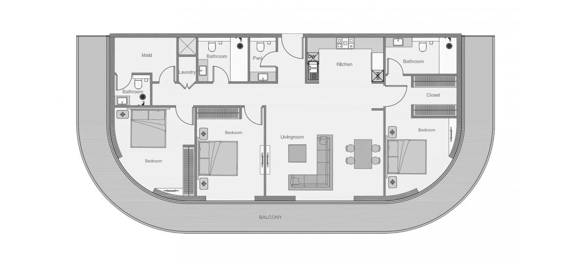 Планировка апартаментов «THE CENTRAL DOWNTOWN THREE-BEDROOMS-TYPE-1-207M» 3 спальни в ЖК THE CENTRAL DOWNTOWN