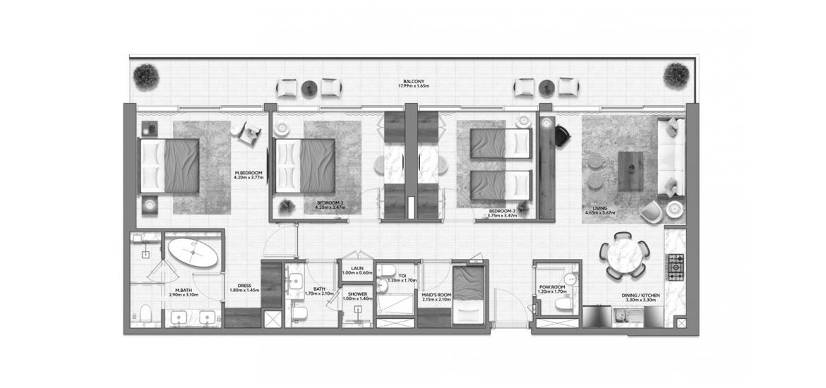 Планировка апартаментов «MALLSIDE RESIDENCE THREE-BEDROOMS-TYPE-A-154M» 3 спальни в ЖК MALLSIDE RESIDENCE