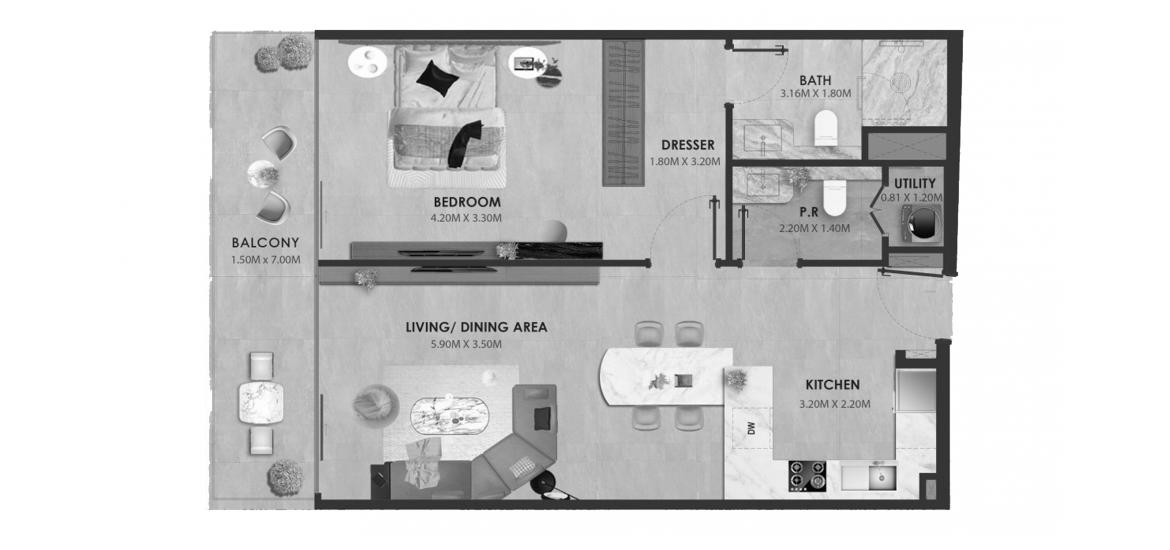 Планировка апартаментов «AVELINE RESIDENCES ONE-BEDROOM-TYPE-1A-77M» 2 комнаты в ЖК AVELINE RESIDENCES