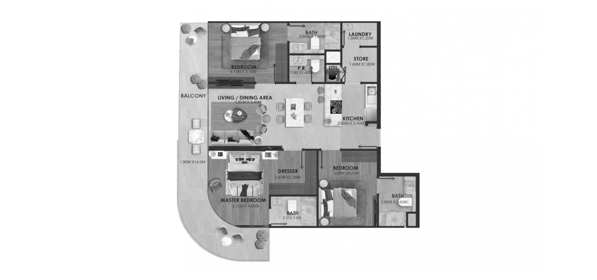 Планировка апартаментов «AVELINE RESIDENCES THREE-BEDROOMS-TYPE-1A-129M» 3 спальни в ЖК AVELINE RESIDENCES