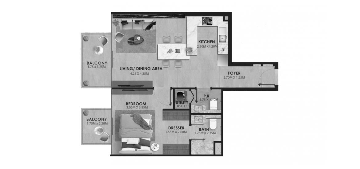 Планировка апартаментов «AVELINE RESIDENCES ONE-BEDROOM-TYPE-3-71M» 2 комнаты в ЖК AVELINE RESIDENCES