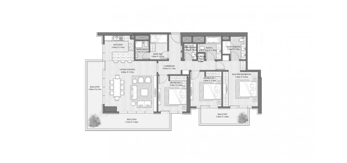 Планування апартаментів «A», 3 спальні у BEACH MANSION