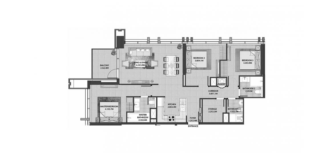 Планування апартаментів «BURJ ROYALE 3BR 122SQM», 3 спальні у BURJ ROYALE