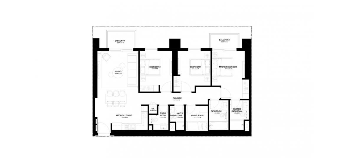 Планування апартаментів «BURJ CROWN 3BR 126SQM», 3 спальні у BURJ CROWN