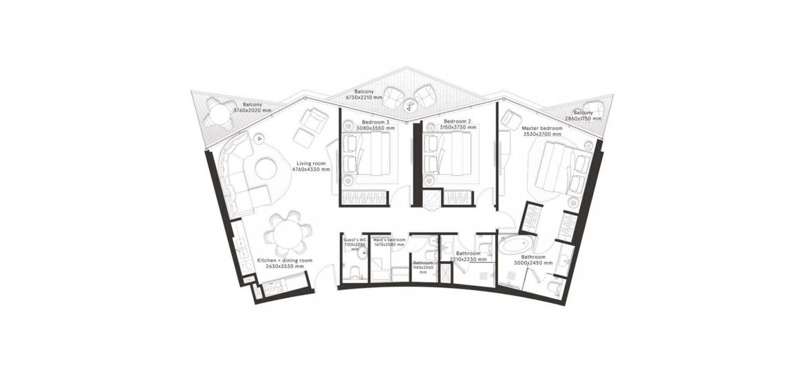 Планування апартаментів «F», 3 спальні у W RESIDENCES DUBAI – DOWNTOWN