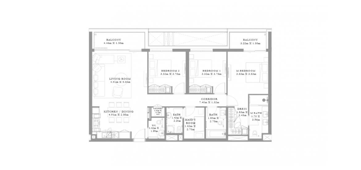 Планування апартаментів «E», 3 спальні у SEAGATE