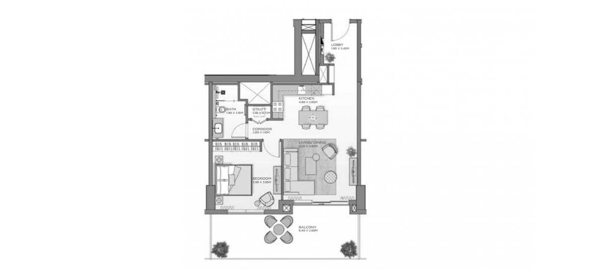Планування апартаментів «91SQM A1», 1 спальня у CASTLETON