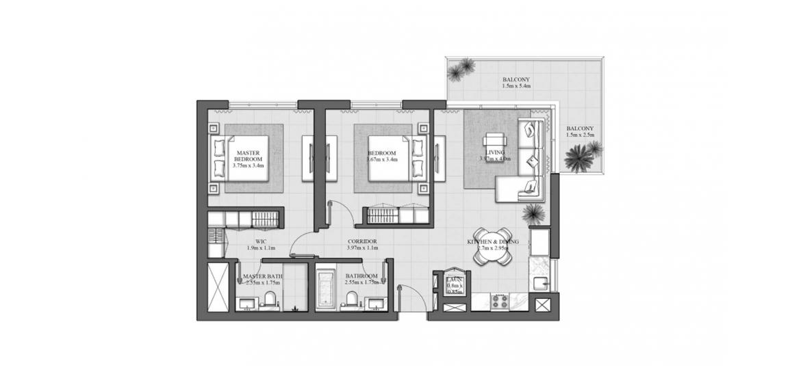 Планування апартаментів «100SQM 1», 2 спальні у HILLS PARK