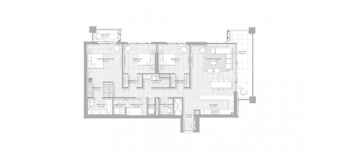 Планування апартаментів «3BR TYPE 02», 3 спальні у BLUEWATERS BAY