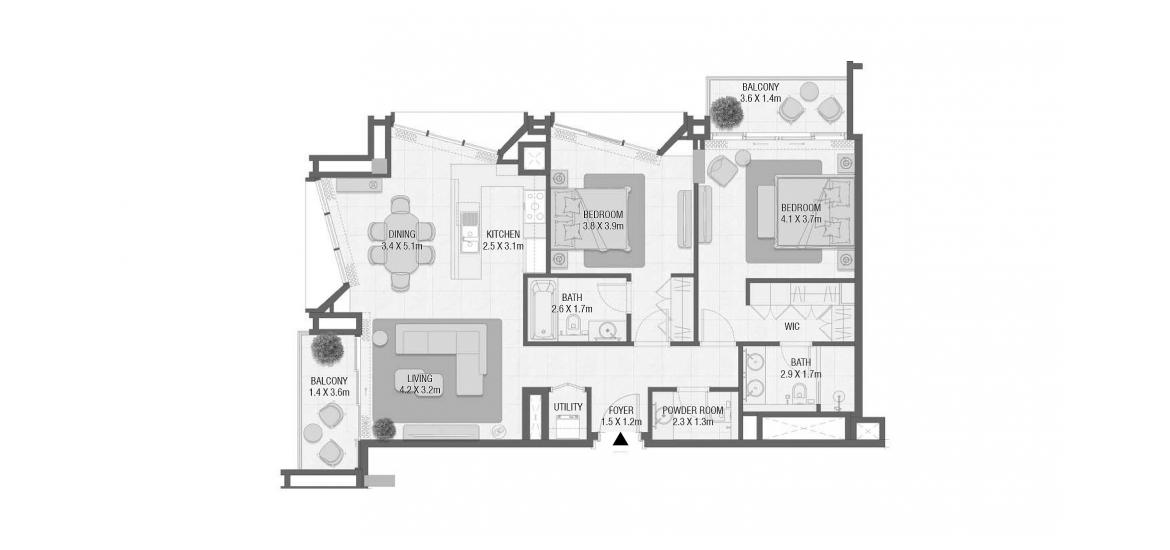 Планування апартаментів «117 SQ.M 2 BEDROOM TYPE 02», 2 спальні у DESIGN QUARTER AT D3