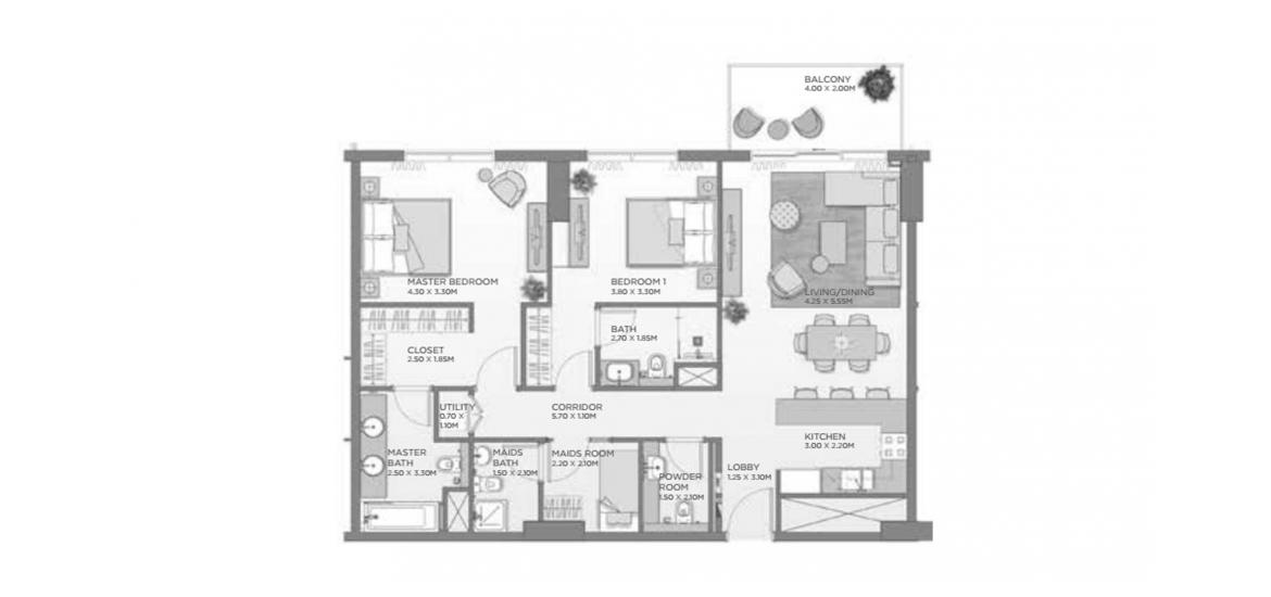 Планування апартаментів «117SQM A3», 2 спальні у CASTLETON