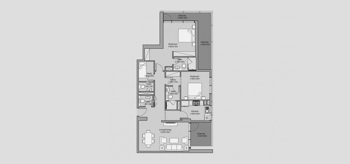 Планування апартаментів «128 SQ.M 2 BR TYPE 03», 2 спальні у MILLENNIUM TALIA RESIDENCES