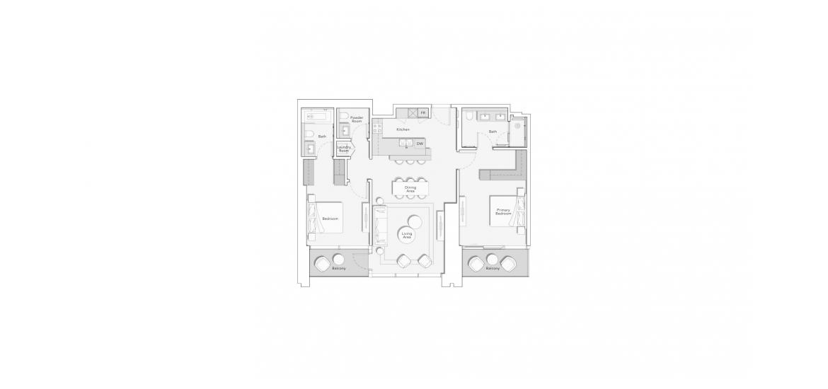 Планування апартаментів «ONE RIVER POINT 2BD 1447 TYPE C», 2 спальні у ONE RIVER POINT