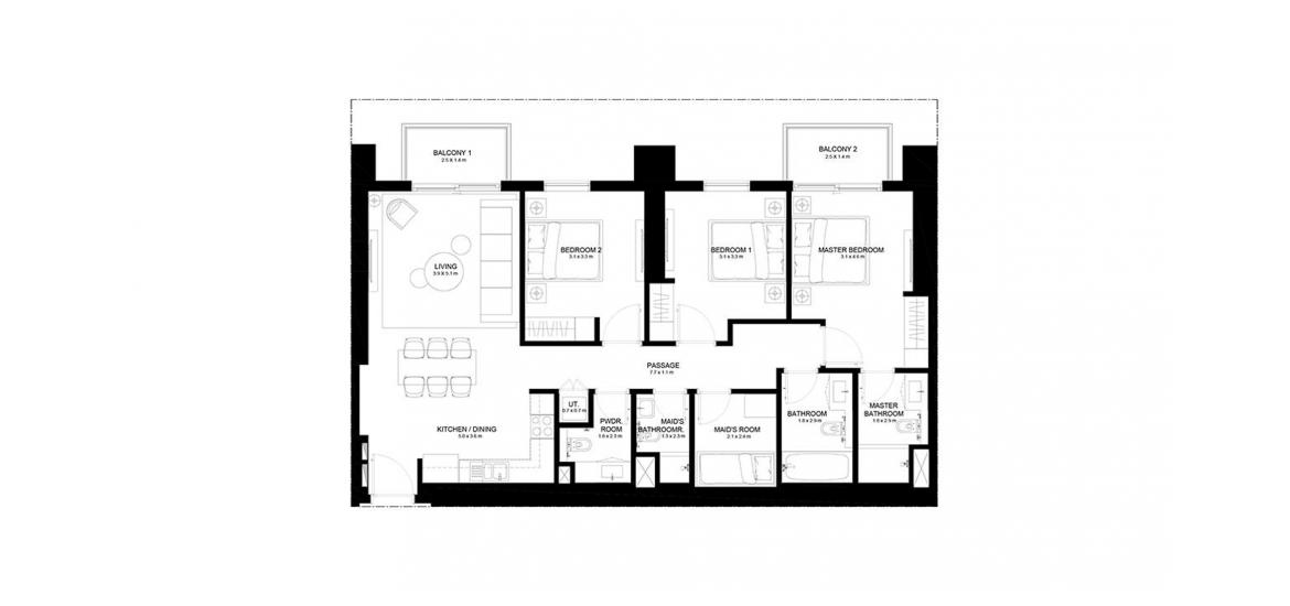 Apartment floor plan «BURJ CROWN 3BR 125SQM», 3 bedrooms in BURJ CROWN