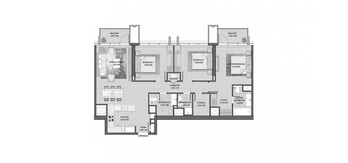 Apartment floor plan «BURJ ROYALE 3BR 125SQM», 3 bedrooms in BURJ ROYALE