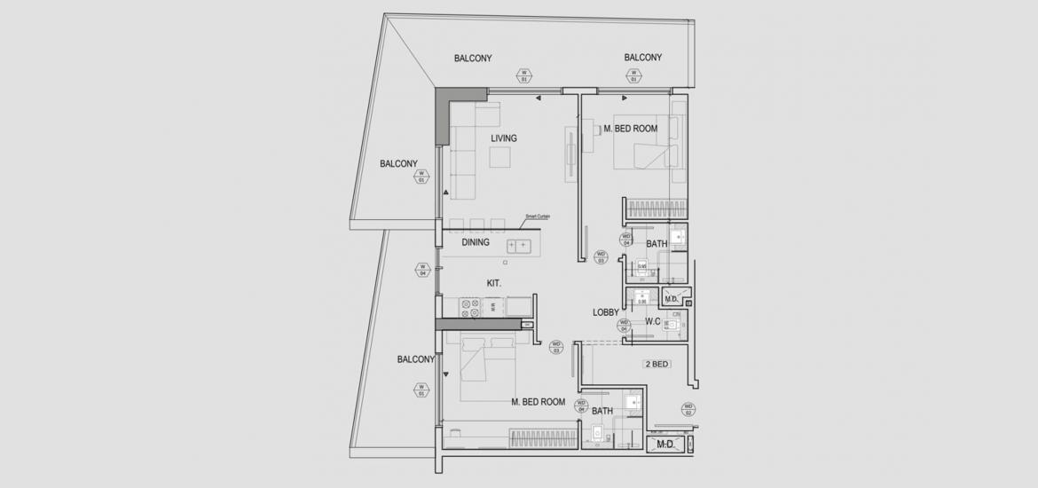 Apartment floor plan «2BR», 2 bedrooms in BINGHATTI CANAL
