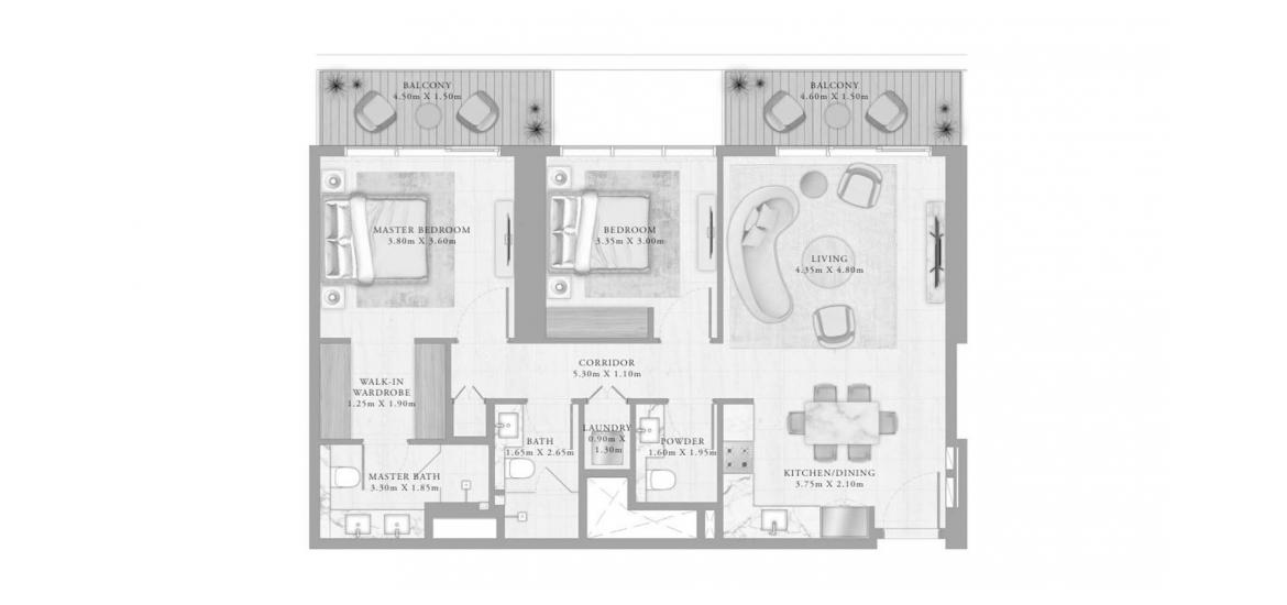 اپارٹمنٹ فلور پلان «2BR 01 108SQM»، BAYVIEW BY ADDRESS RESORTS 2 بیڈ رومز 