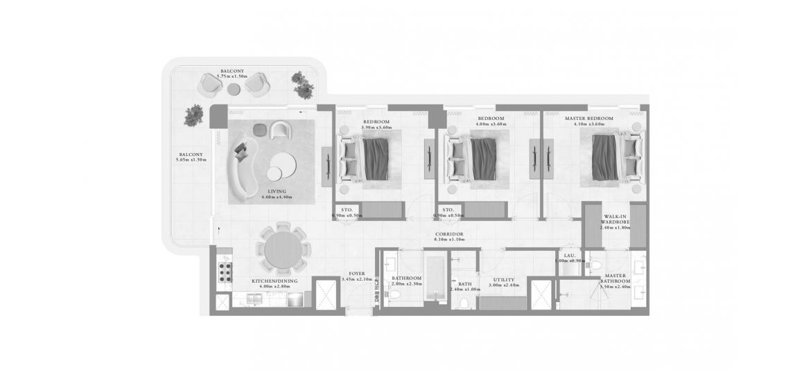 اپارٹمنٹ فلور پلان «BAYLINE THREE-BEDROOM-TYPE-A-157M»، BAYLINE 3 بیڈ رومز 