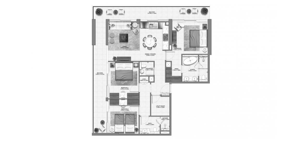اپارٹمنٹ فلور پلان «MALLSIDE RESIDENCE THREE-BEDROOMS-TYPE-B-167M»، MALLSIDE RESIDENCE 3 بیڈ رومز 