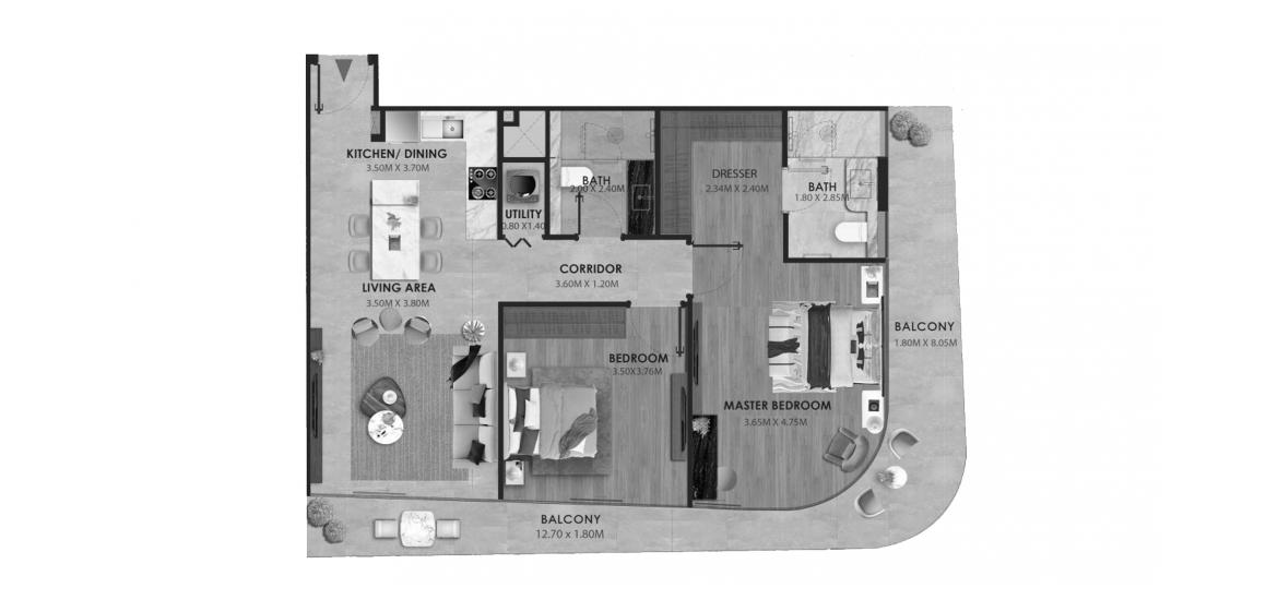 اپارٹمنٹ فلور پلان «AVELINE RESIDENCES TWO-BEDROOMS-TYPE-1-110M»، AVELINE RESIDENCES 2 بیڈ رومز 