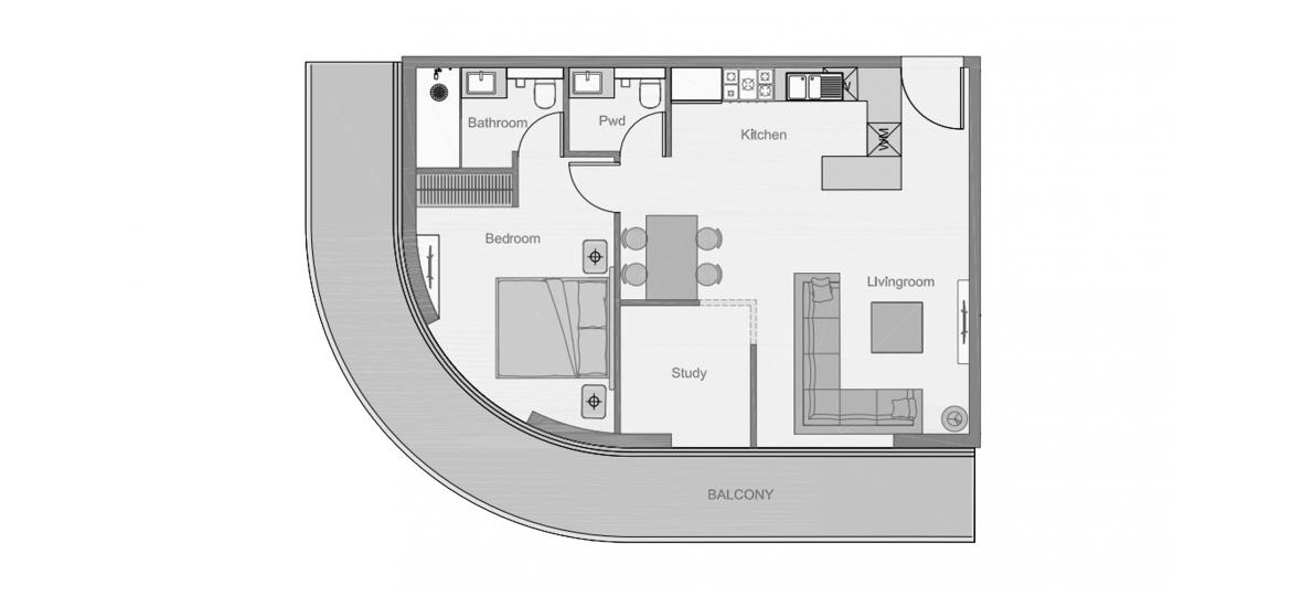 اپارٹمنٹ فلور پلان «THE CENTRAL DOWNTOWN ONE-BEDROOM-TYPE-1-71M»، THE CENTRAL DOWNTOWN 1باتھ رومز 